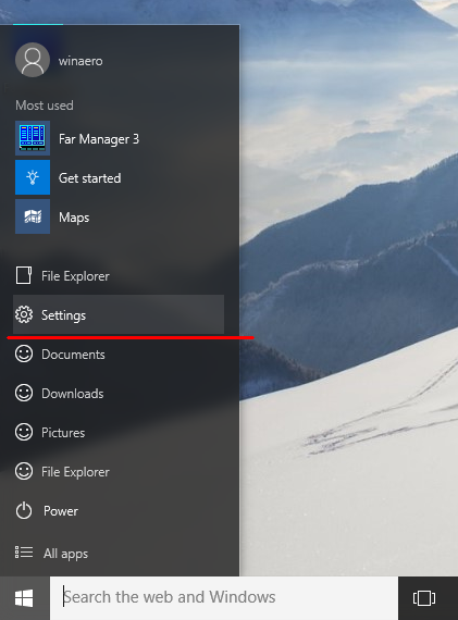 Windows 10 Start menu settings item