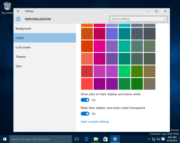 Windows 10 show color on start