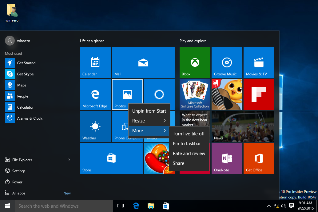 Windows 10 App context menu
