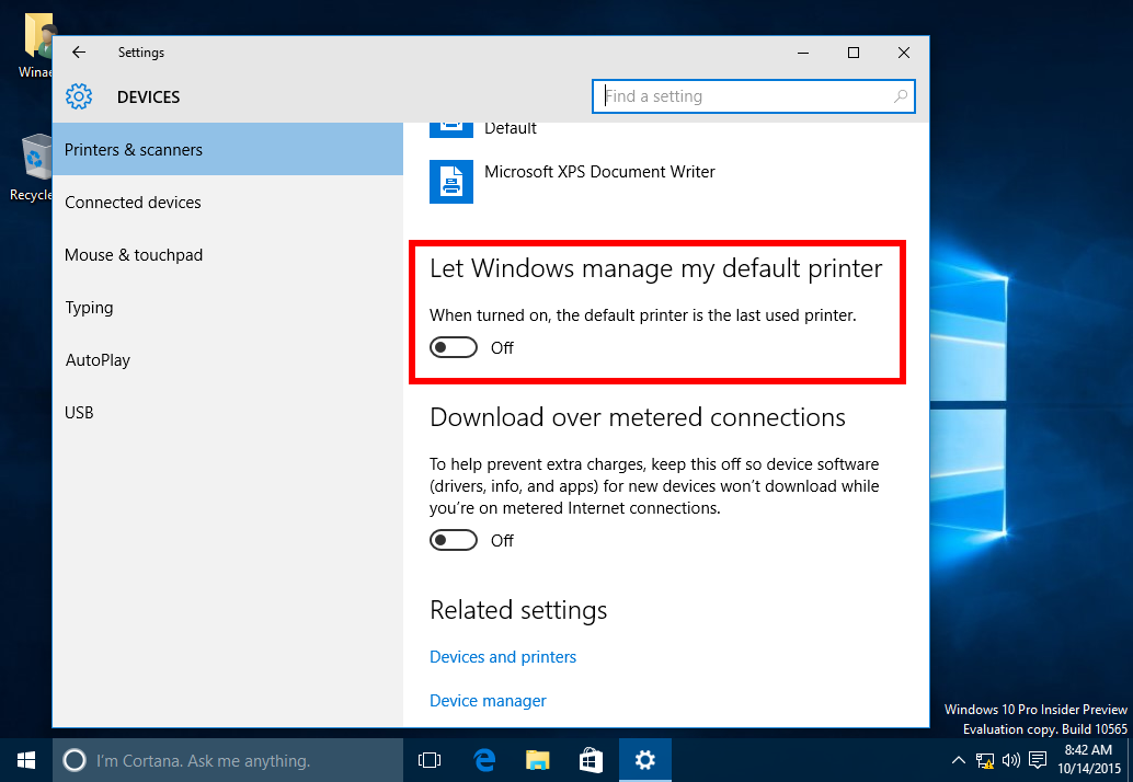 how to change default printer in windows 10