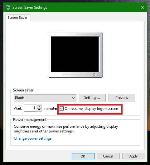 Windows 10 blank screensaver lock