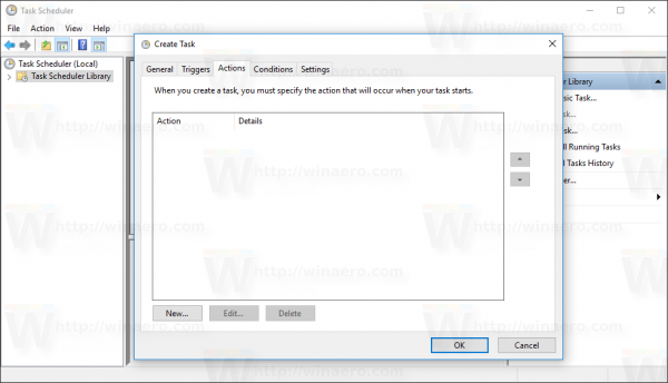 Windows 10 Create Task window Actions tab