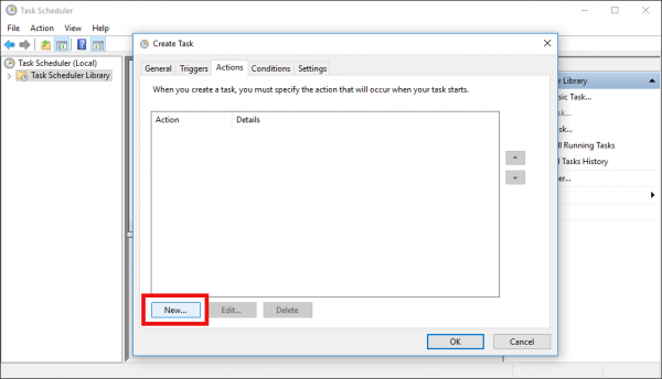 Windows 10 Create Task window Actions tab new button