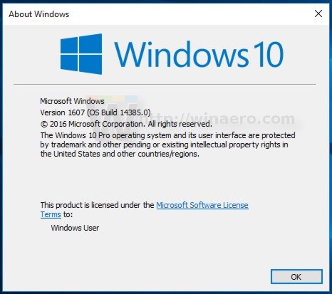 Windows 10 build 14385 winver