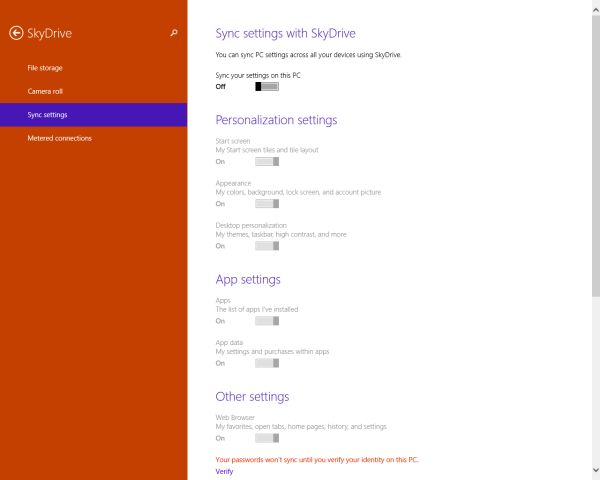 Skydrive sync settings