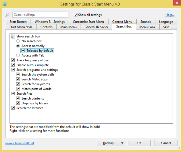 Classic Shell Start Menu search settings