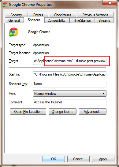 Google Chrome no print preview switch
