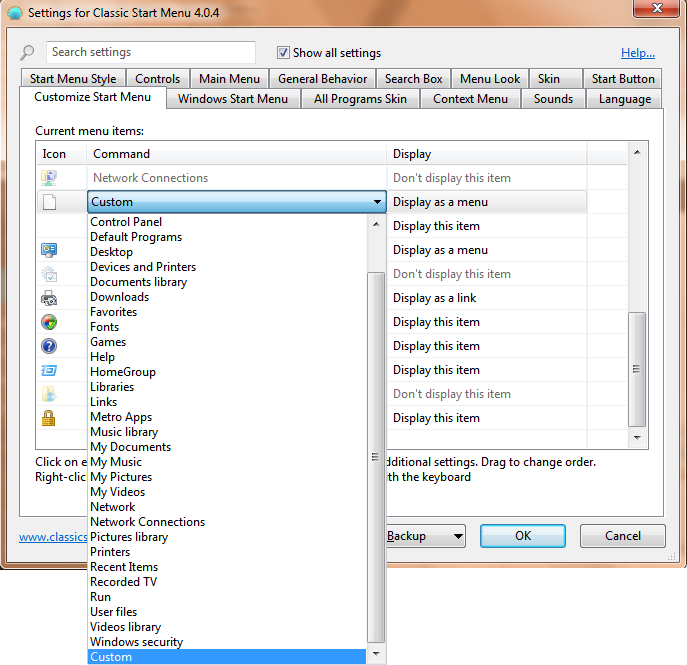 Adding a custom item in Windows 7 style of the Classic Shell Start Menu