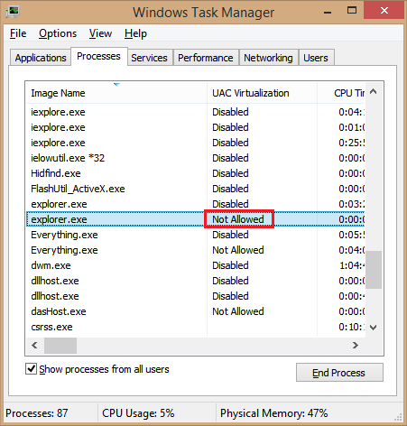 Explorer admin process showing "Not Allowed" for UAC Virtualization column