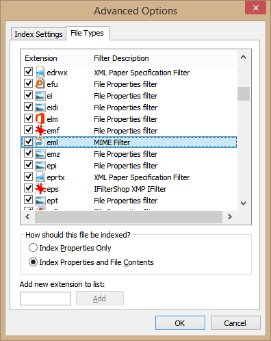 File Types and their associated filters in Advanced Indexing Options