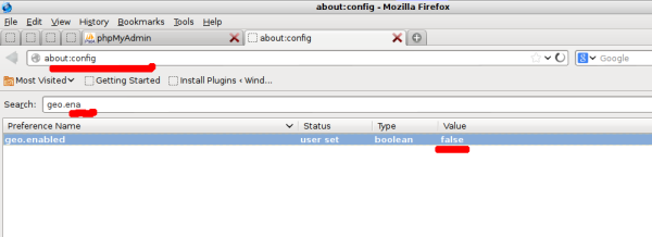 disable geolocation of Firefox