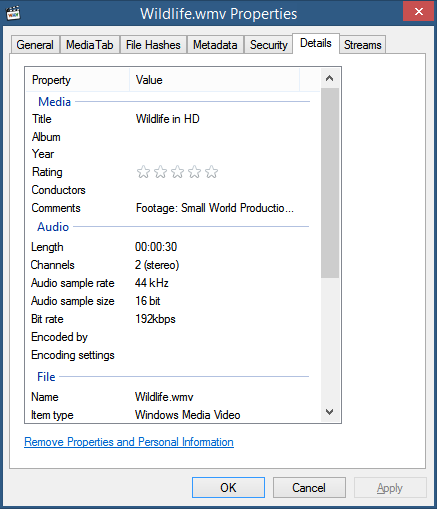 See detailed properties and tags metadata info about media files