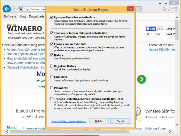 How to delete the browsing history in Internet Explorer 11