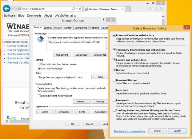 How to delete the browsing history in Internet Explorer 11