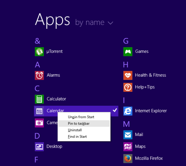 pin to taskbar from the Apps view