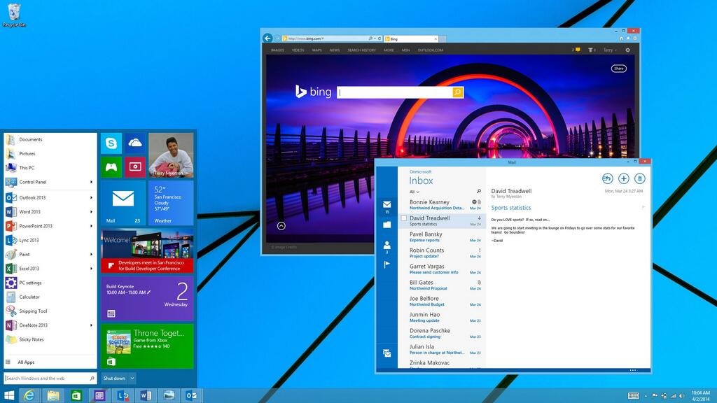 The Start Menu with Live Tiles and the Mail app running inside a window