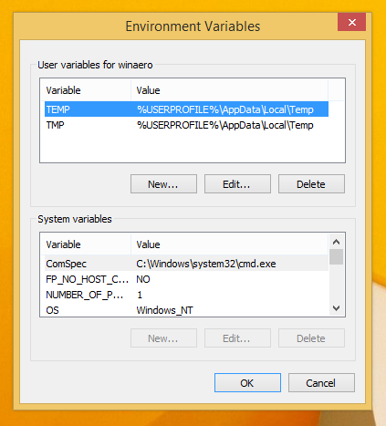 Environment Variables window