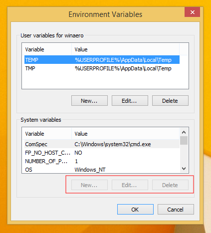Environment Variables window per user