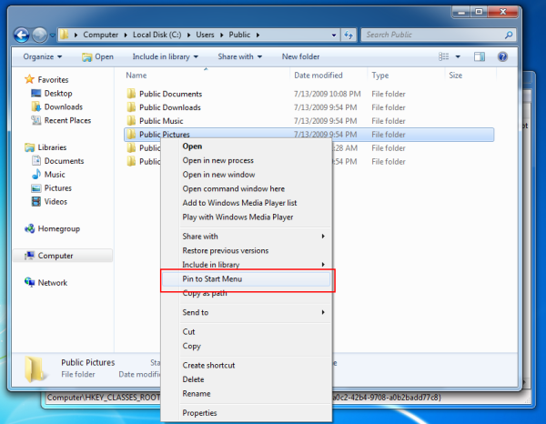 pin to start menu for folder