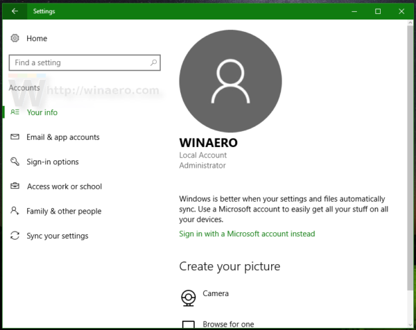Windows 10 Settings Accounts