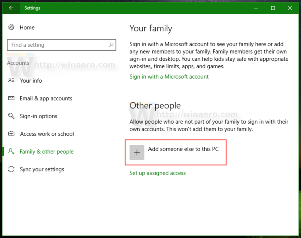 Windows 10 Settings add new acount