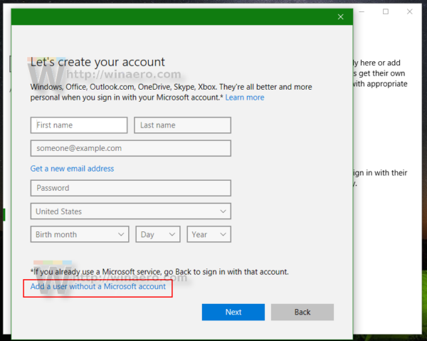 Windows 10 добавляет вторую страницу новой учетной записи