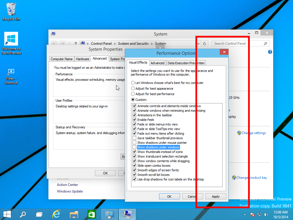 Disable window shadows in Windows 10