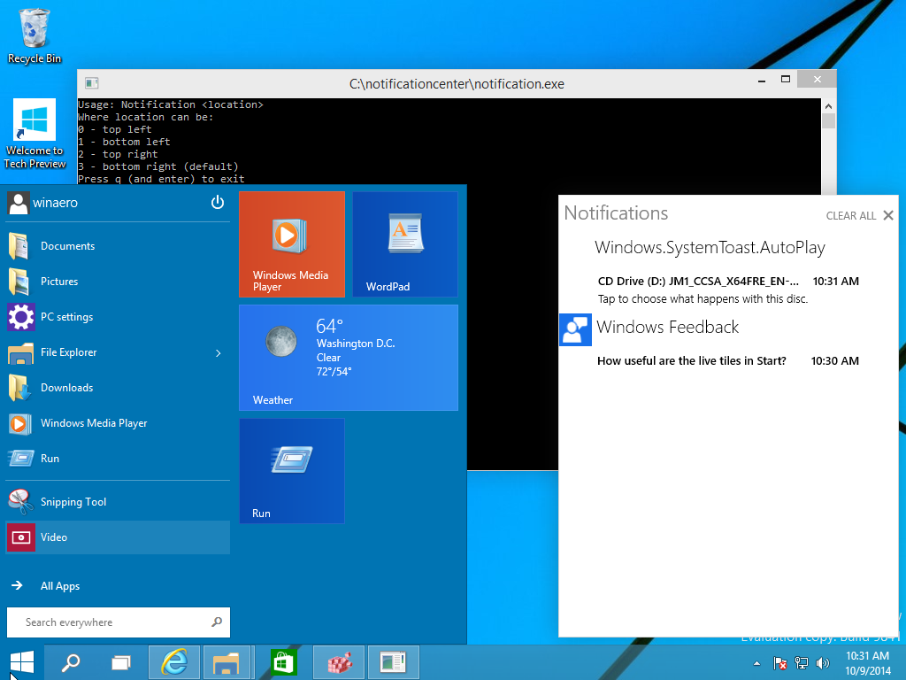 Enable Notification Center in Windows 10 Technical Preview