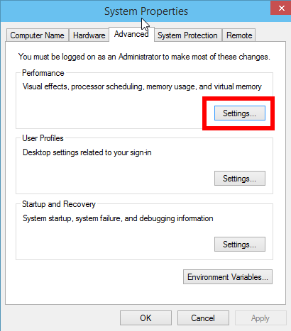 performance settings button