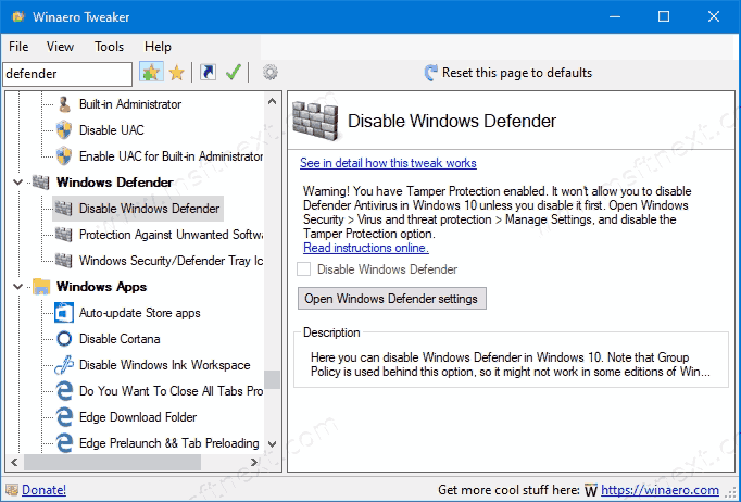 Отключить Защитник Windows 10 в Winaero Tweaker