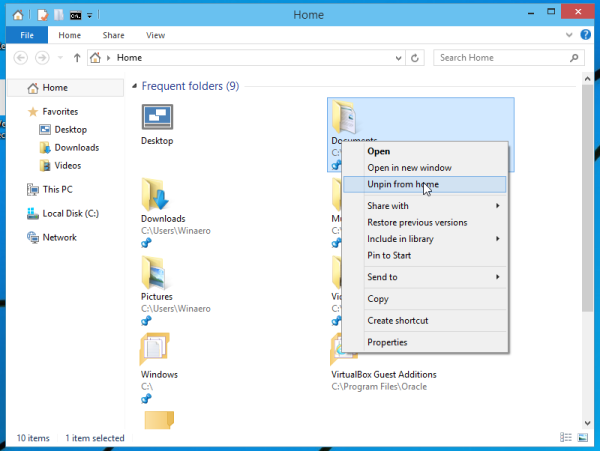 unpin from home Windows 10