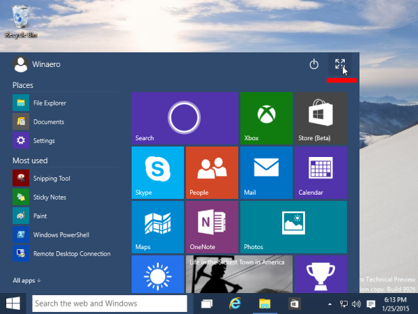 expand start button Windows 10