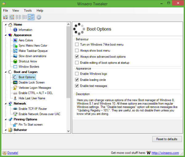 Boot Options in Winaero Tweaker