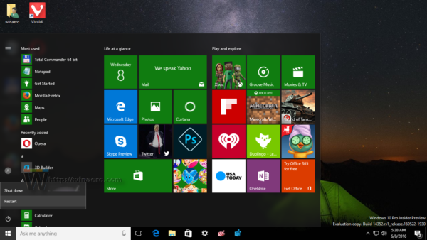 Windows 10 Start menu Restart item