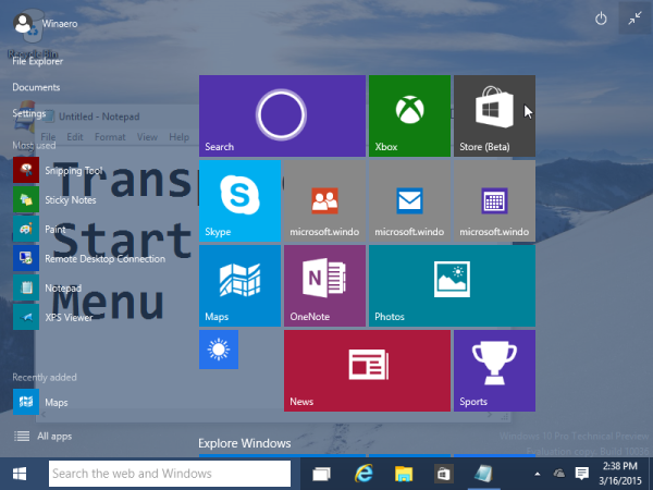 Windows 10: расширенная прозрачность меню `` Пуск ''