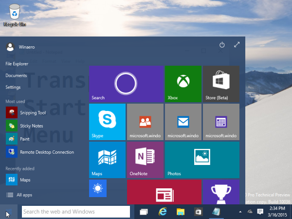 Windows 10 small start menu transparency