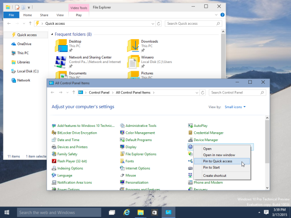 pin control panel item quick access Windows 10