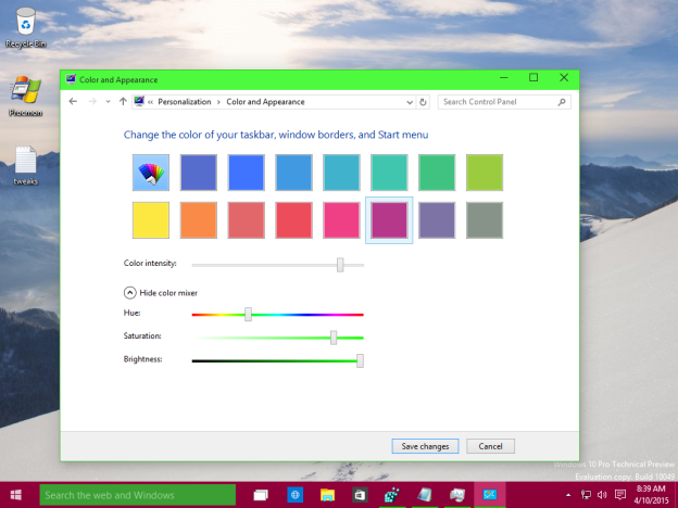 Windows 10 allows setting different colors for windows and taskbar