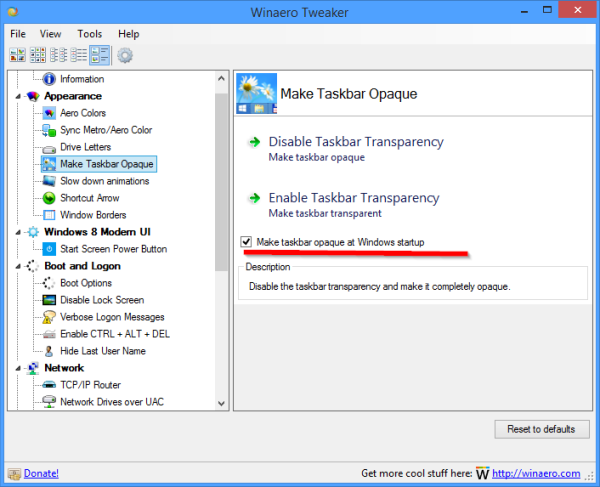 Opaque taskbar startup Winaero Tweaker