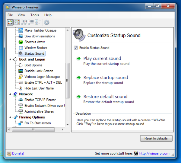 Startup Sound Changer in Winaero Tweaker