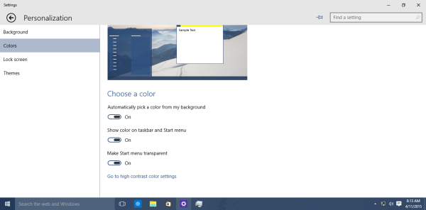 disable start menu transparency windows 10