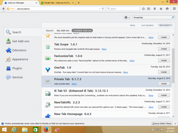 firefox privatetab addons manager