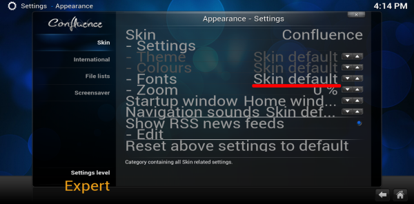 kodi skin default setting