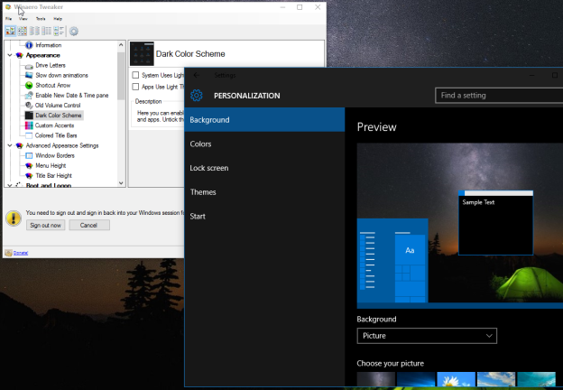 Enable the dark theme for Settings and Modern apps in Windows 10