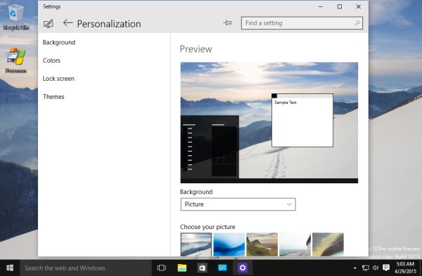 windows 10 10074 personalization settings app