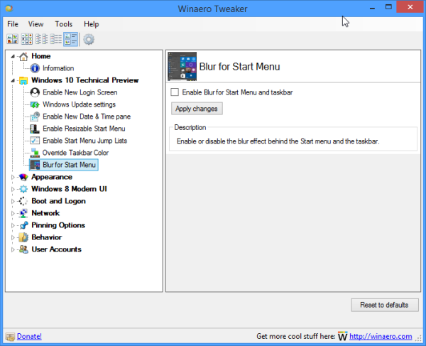 Winaero Tweaker - Start Menu Bulr for Windows 10