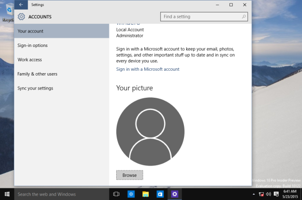 Windows 10 build 10122 has a new user account image