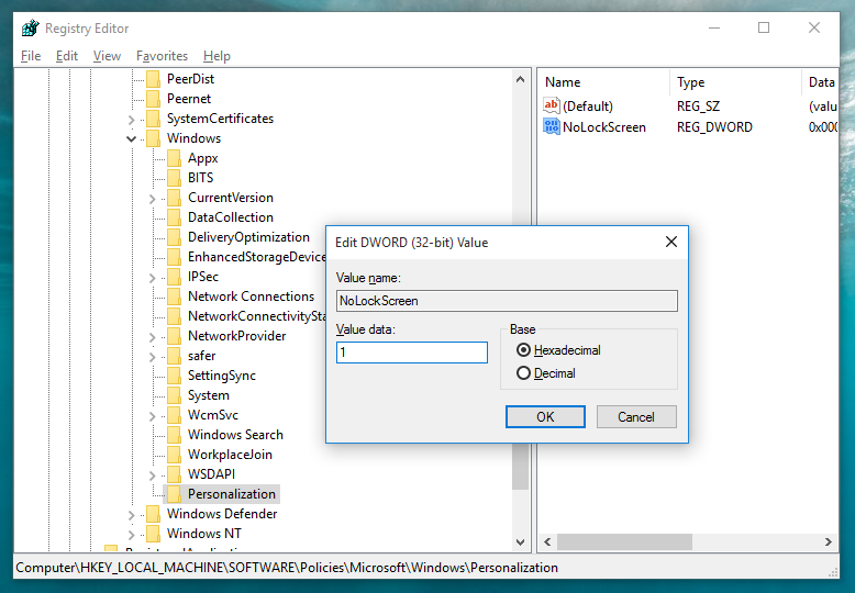windows 10 disable screen lock registry