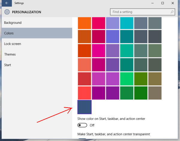 Последнее цветное поле персонализации Windows 10