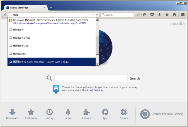 firefox address bar text suggestions